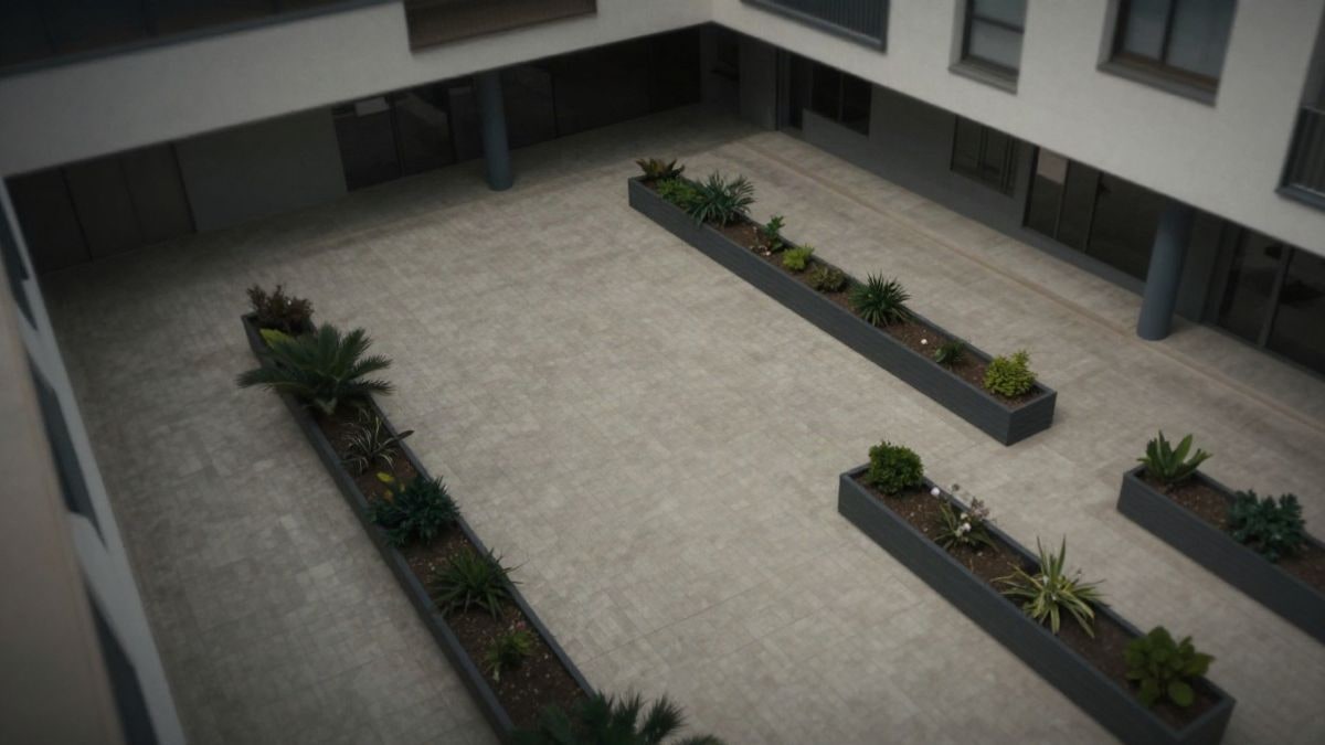 Imagen ilustrativa: vista cenital de un edificio moderno vacío con patio y zonas ajardinadas