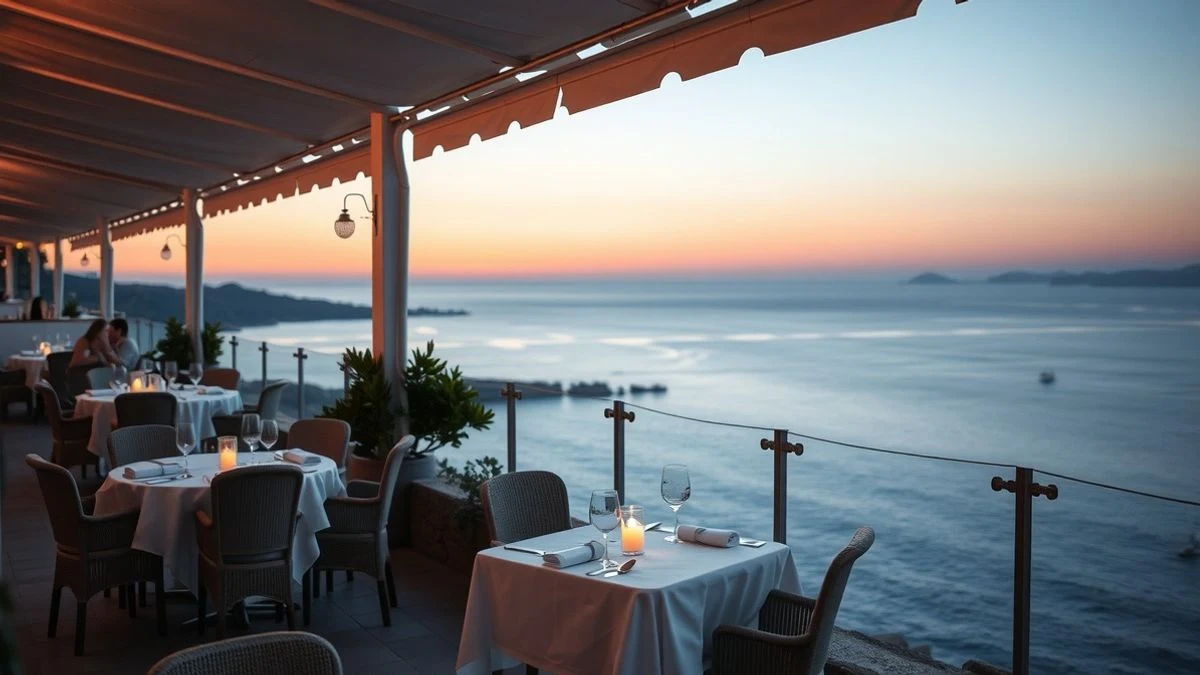 Imagen ilustrativa: terraza de un restaurante elegante con vistas al mar Mediterráneo al atardecer, con mesas vestidas y velas.