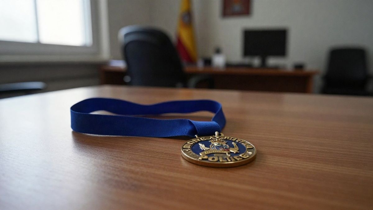 Imagen ilustrativa: una medalla con cinta azul sobre una mesa de madera junto a una ventana