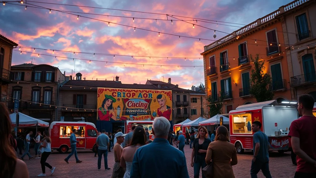 Illustrative image: plaza with food trucks and colourful lights at sunset during a festival