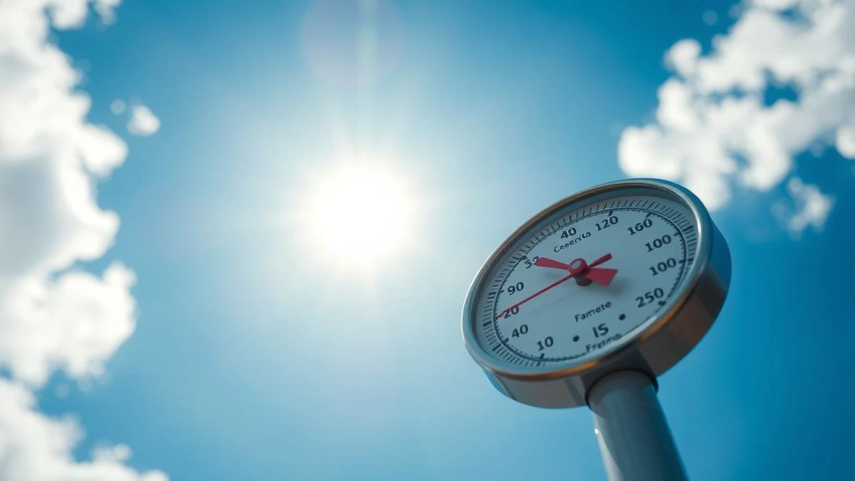 Illustrative image: outdoor thermometer under the sun on a clear day, with a blue sky in the background.