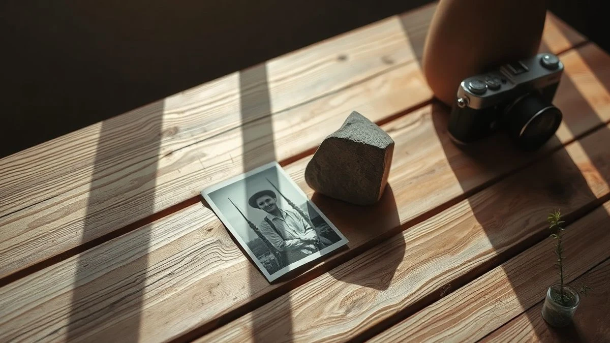 Imagen ilustrativa: vista cenital de una escultura de cerámica y una fotografía sobre una mesa de madera, con luz natural y sombras suaves.