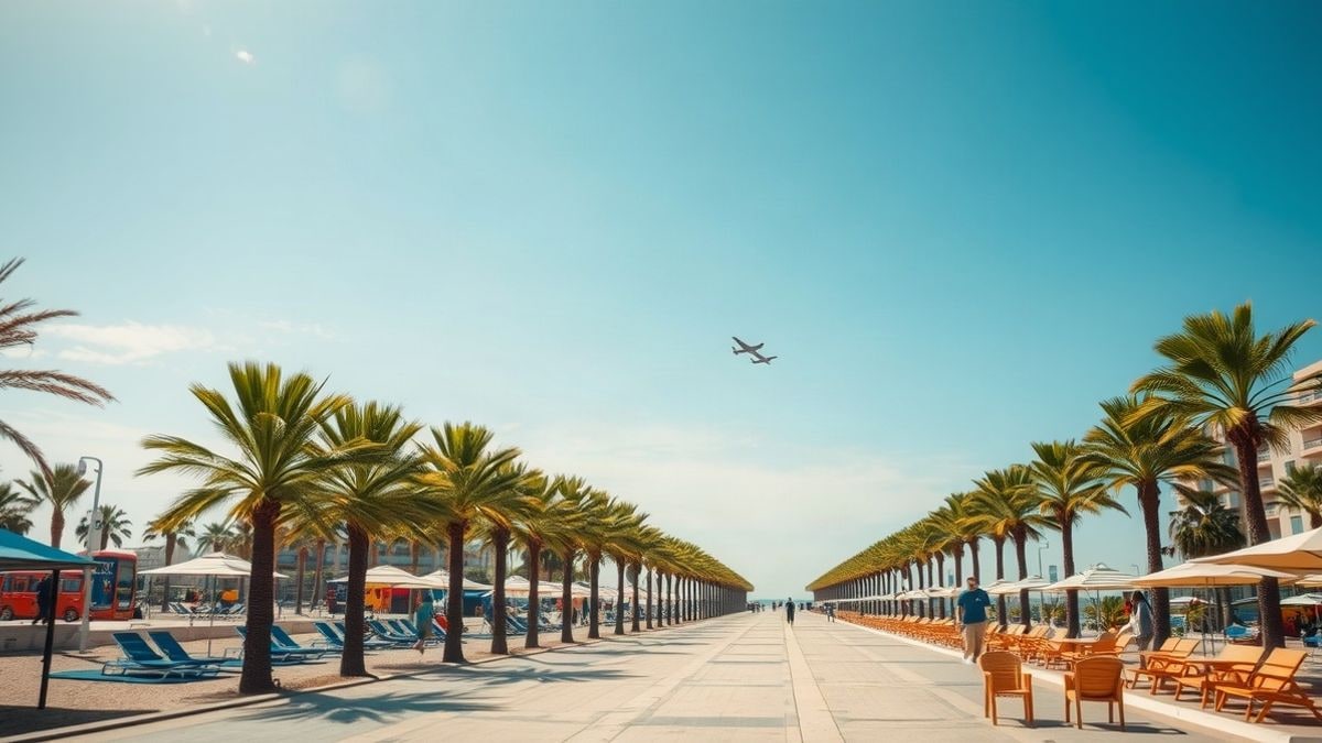 Imagen ilustrativa: un paseo marítimo con palmeras y sombrillas que converge hacia el horizonte, con aviones diminutos dibujando estelas en el cielo