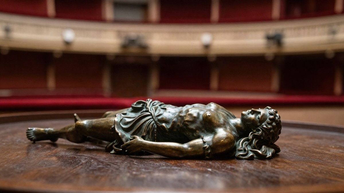 Imagen ilustrativa: detalle de una estatuilla de bronce con forma de atlante sobre una mesa de madera en un teatro