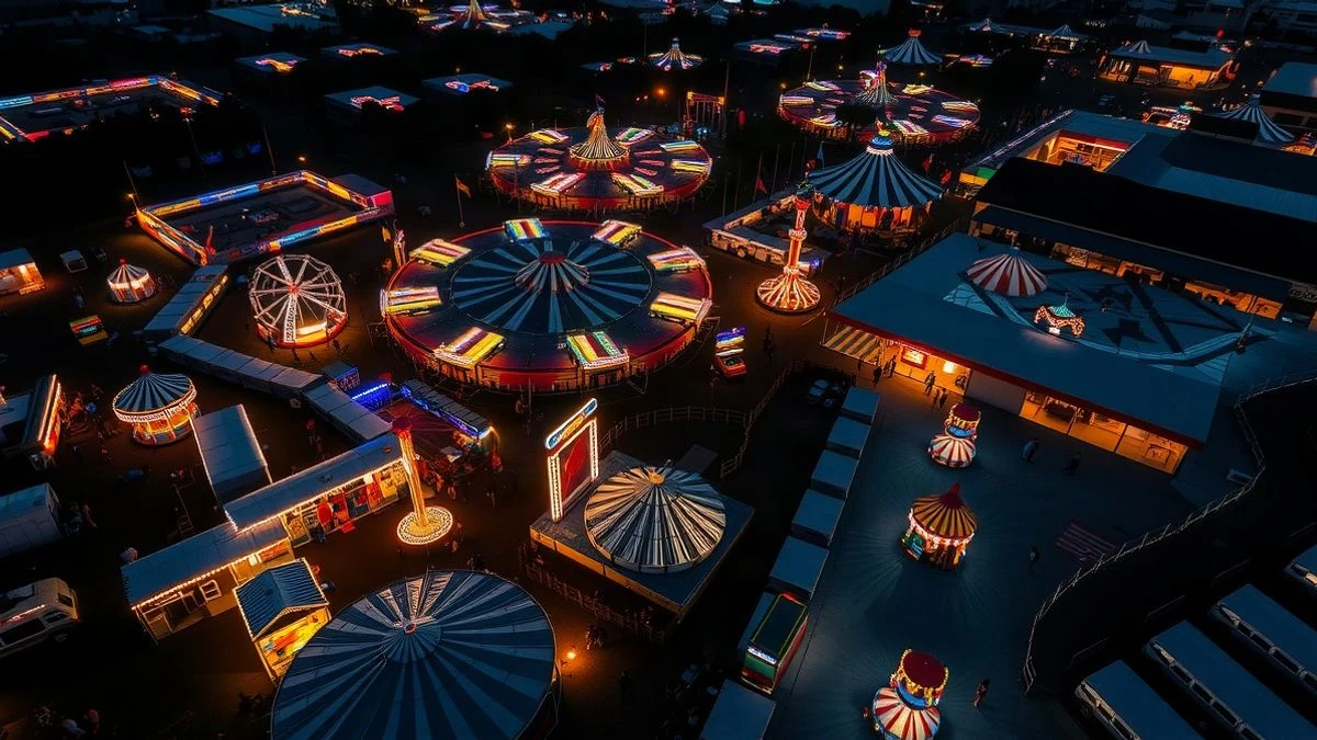 Imagen ilustrativa: vista aérea de un recinto ferial iluminado al atardecer, con casetas y atracciones sin identificar.