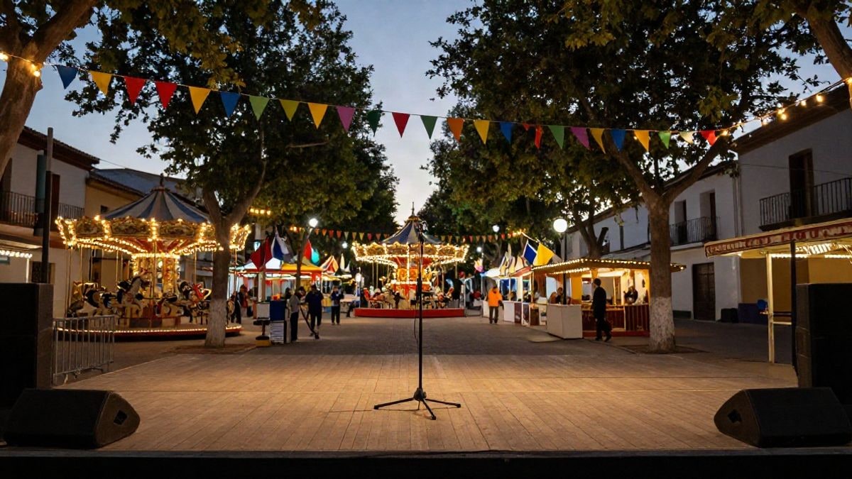 Imagen ilustrativa: un escenario vacío con micrófono en un recinto ferial iluminado con guirnaldas al atardecer.