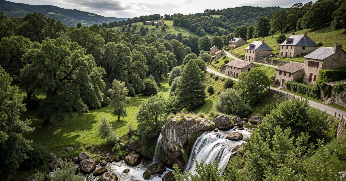 View of a green valley with dense forests, a waterfall, and slate houses on the hillside in Las Hurdes
