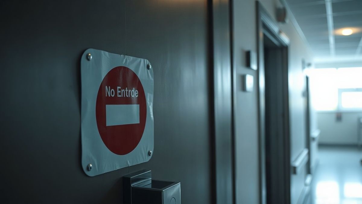 Imagen ilustrativa: puerta de habitación de hospital entreabierta con cámara de seguridad al fondo