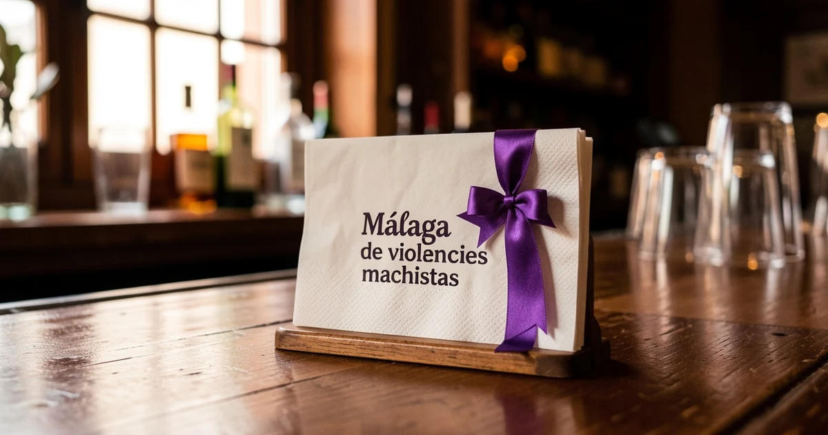 Servilletero con mensaje contra la violencia machista en la barra de un bar