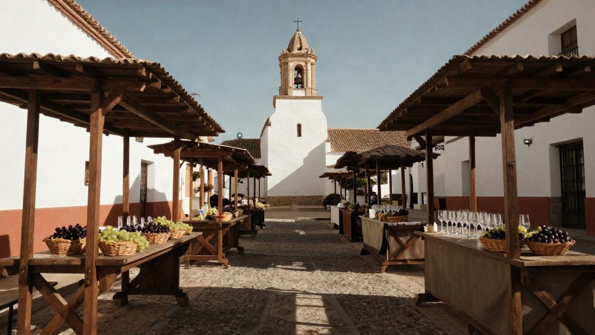 Illustrative image: village square with wooden stalls and baskets of grapes under the afternoon light