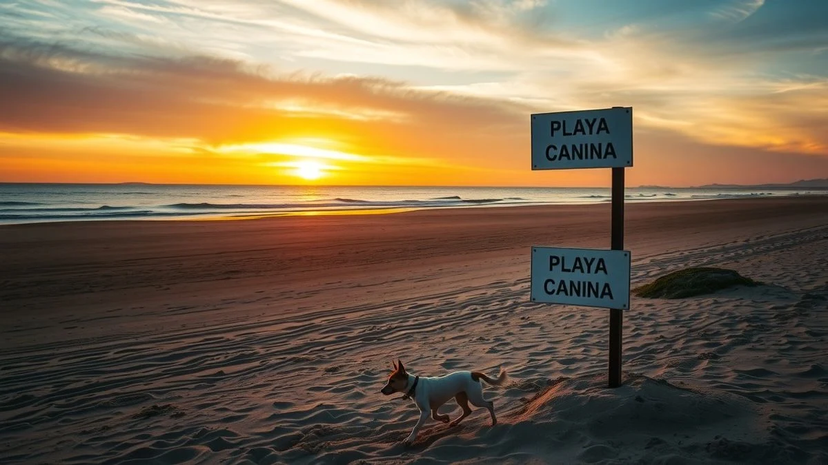 Playa canina en Marbella con un perro corriendo en la orilla y un cartel de zona canina al atardecer