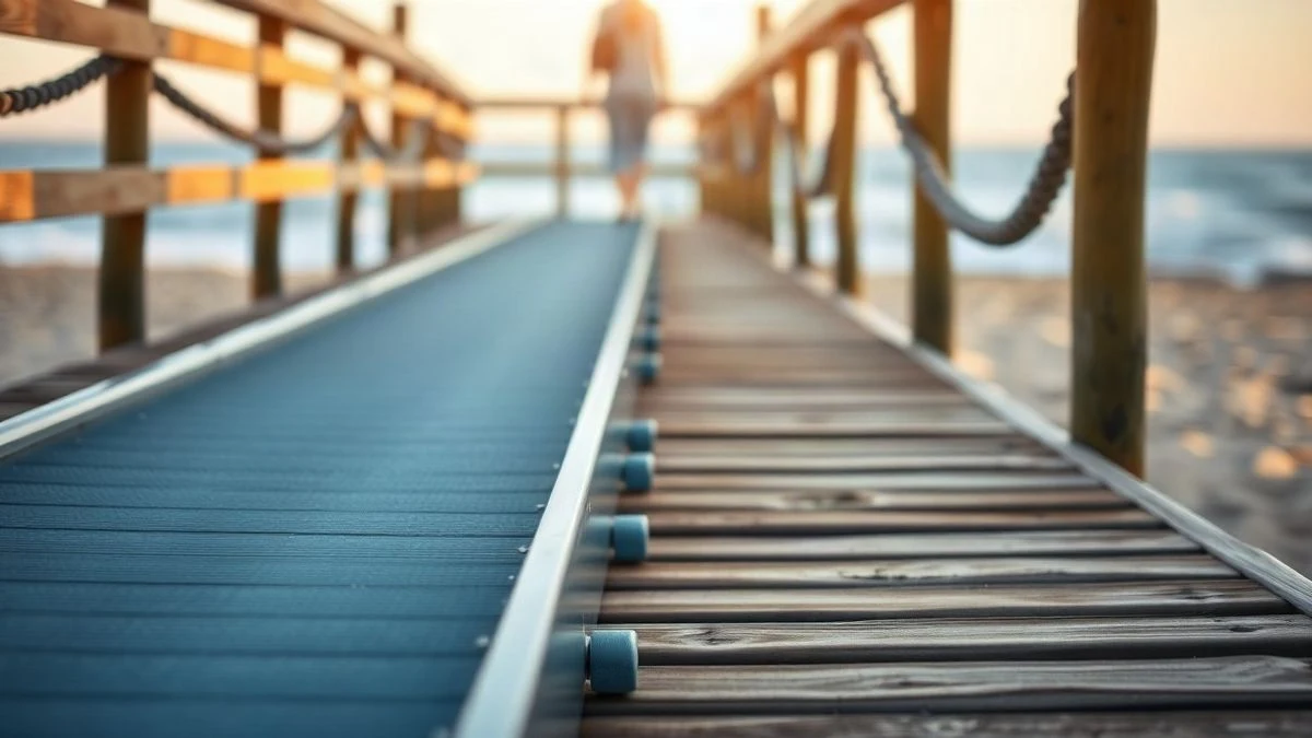 Imagen ilustrativa: pasarela de madera accesible que conduce al mar en una playa, con rampa adaptada en primer plano.