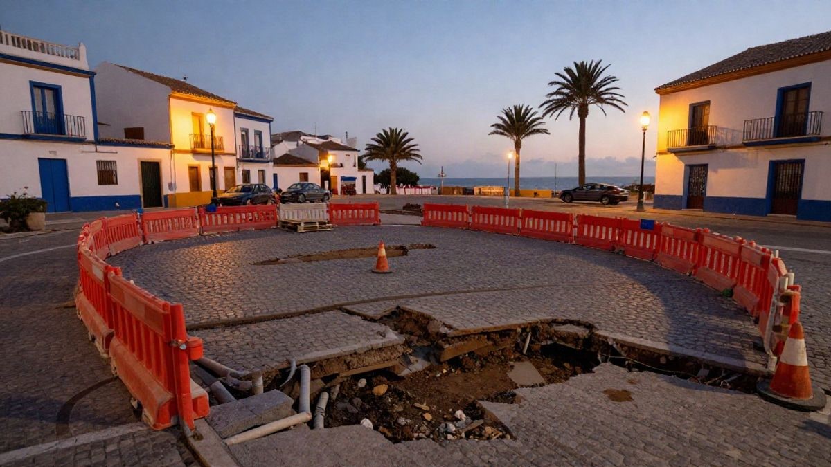 Illustrative image: coastal plaza under renovation at sunset, with lifted cobblestones and street lamp lights.