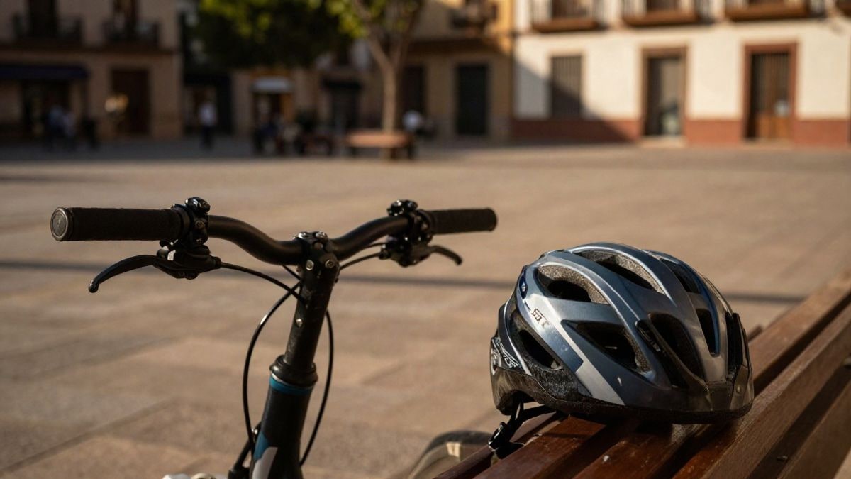 Illustrative image: detail of bicycle handlebars and helmet on a wooden bench in a square
