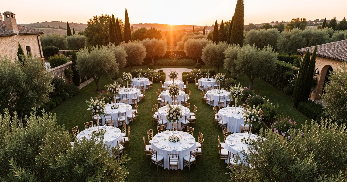 Decoración de la gala benéfica en una finca al atardecer