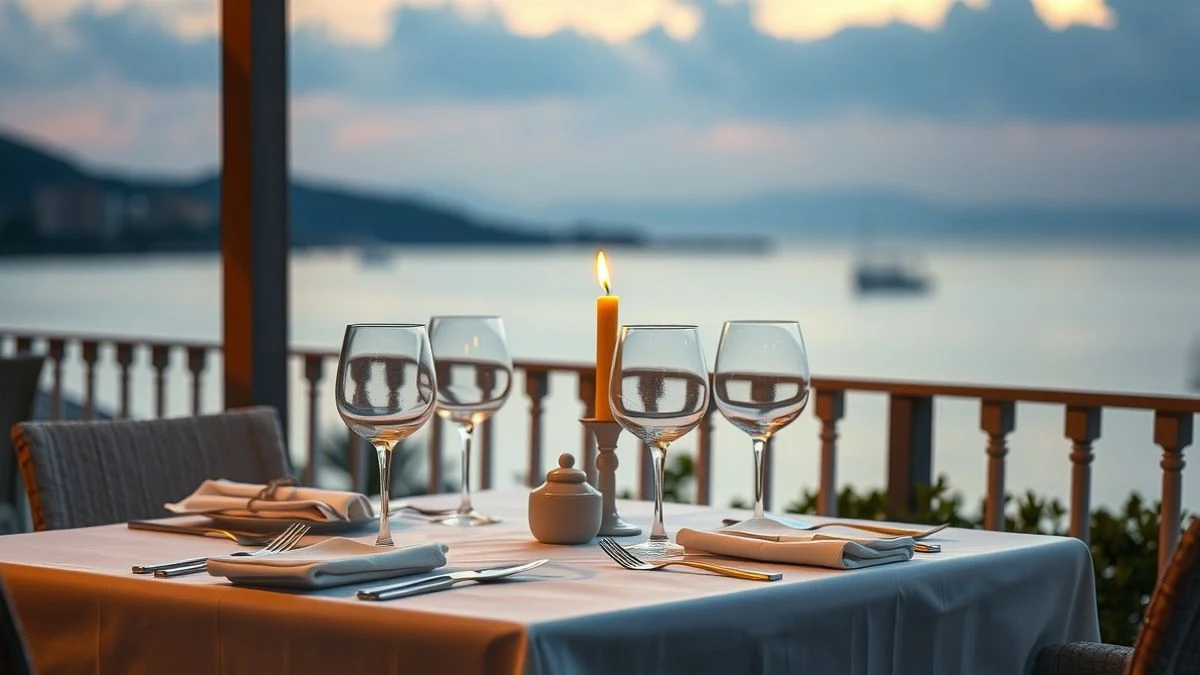 Elegant table on terrace with views of the Mediterranean Sea at sunset, with white tablecloths and wine glasses.