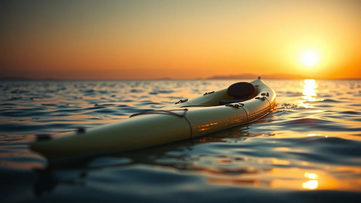 Imagen ilustrativa: un kayak hinchable volcado flotando en el mar al atardecer, con la costa de fondo desenfocada
