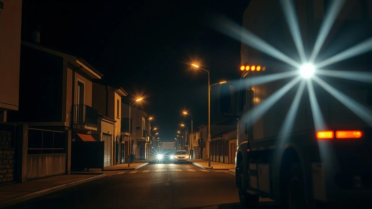 Facade of a residential building with a ground floor window stained with soot, illuminated by fire truck lights on a night street.