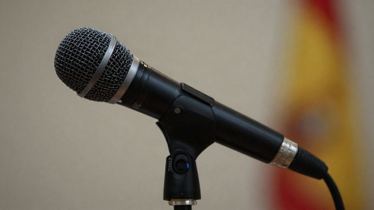 Illustrative image: close-up of a microphone on a stand with a blurred background