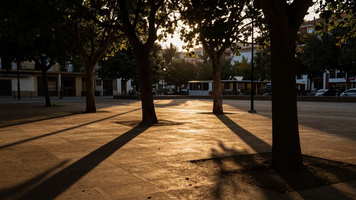 Imagen ilustrativa: contraluz al atardecer en un parque público con siluetas de árboles y sombras largas