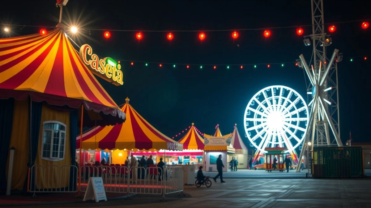 Recinto ferial iluminado de noche con una gran carpa y una noria al fondo