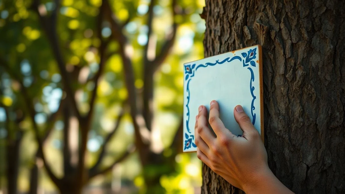 Illustrative image: a ceramic tile plaque attached to the trunk of a tree in a sunny park, with blurred green leaves in the background.