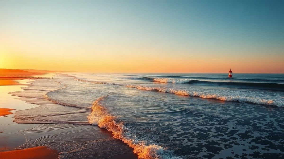 Imagen ilustrativa: vista amplia de la costa con olas y una boya en el mar a lo lejos, con luz de atardecer