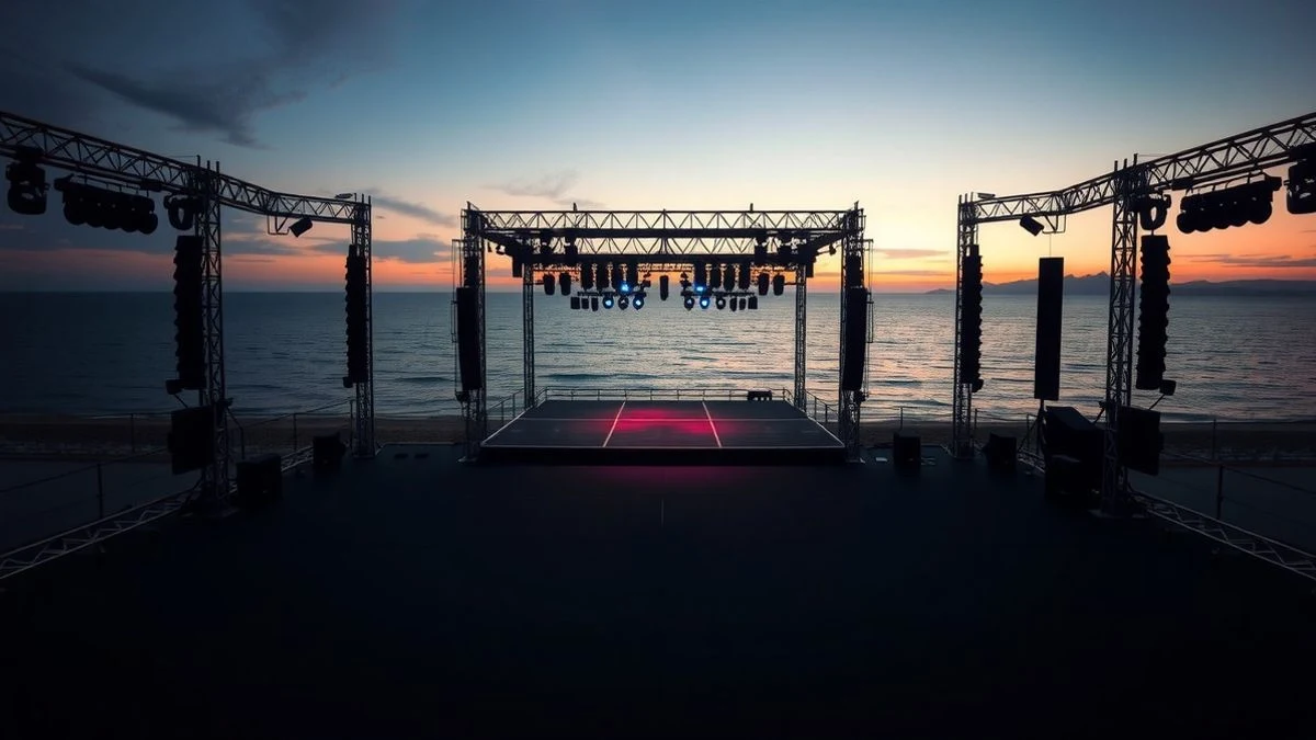Illustrative image: an outdoor stage by the Mediterranean Sea at sunset, with empty space in the foreground.
