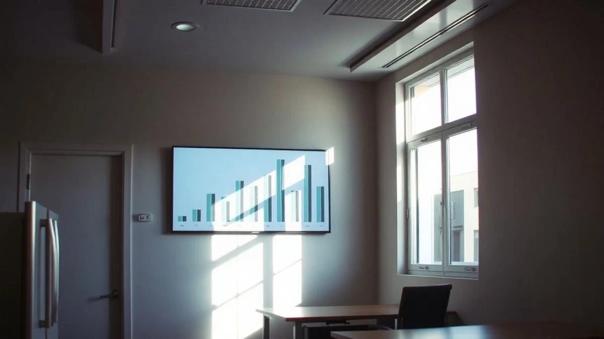 Illustrative image: empty job office with a counter and a screen showing a downward bar graph, illuminated by side light from a window.