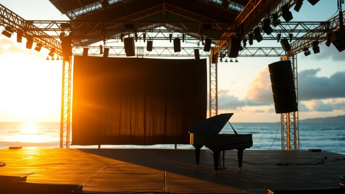 Escenario vacío de Marenostrum Fuengirola al atardecer con un piano de cola en primer plano