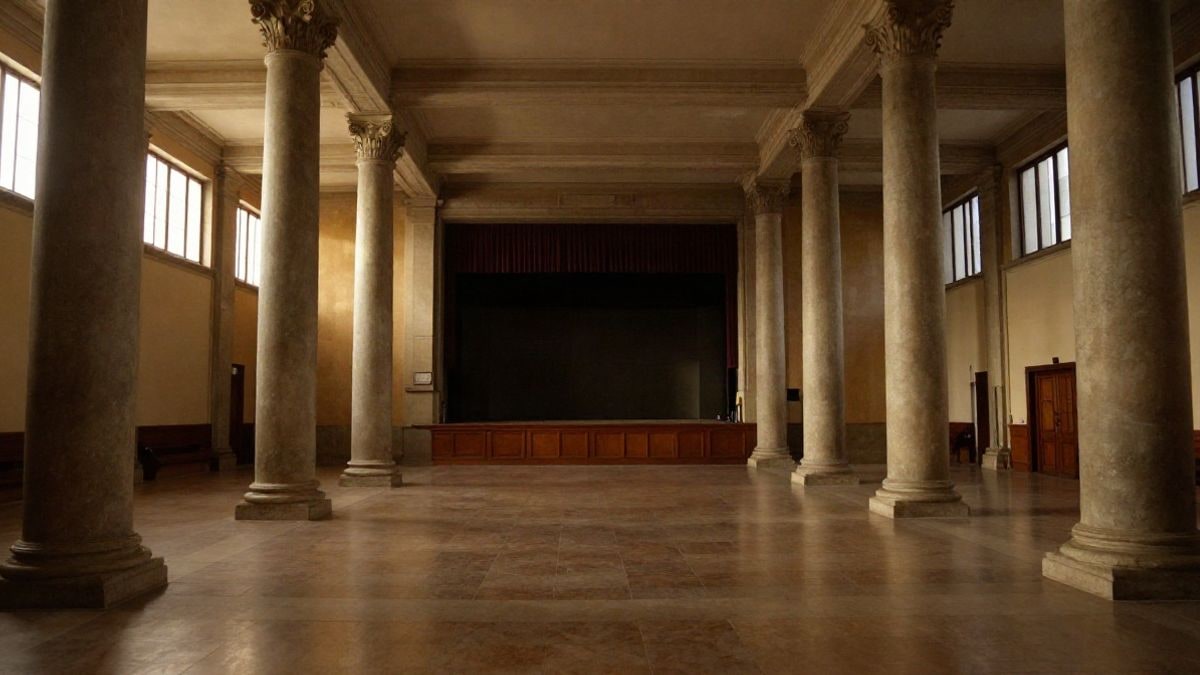 Imagen ilustrativa: gran angular de un salón institucional vacío con columnas y líneas que convergen hacia un atril