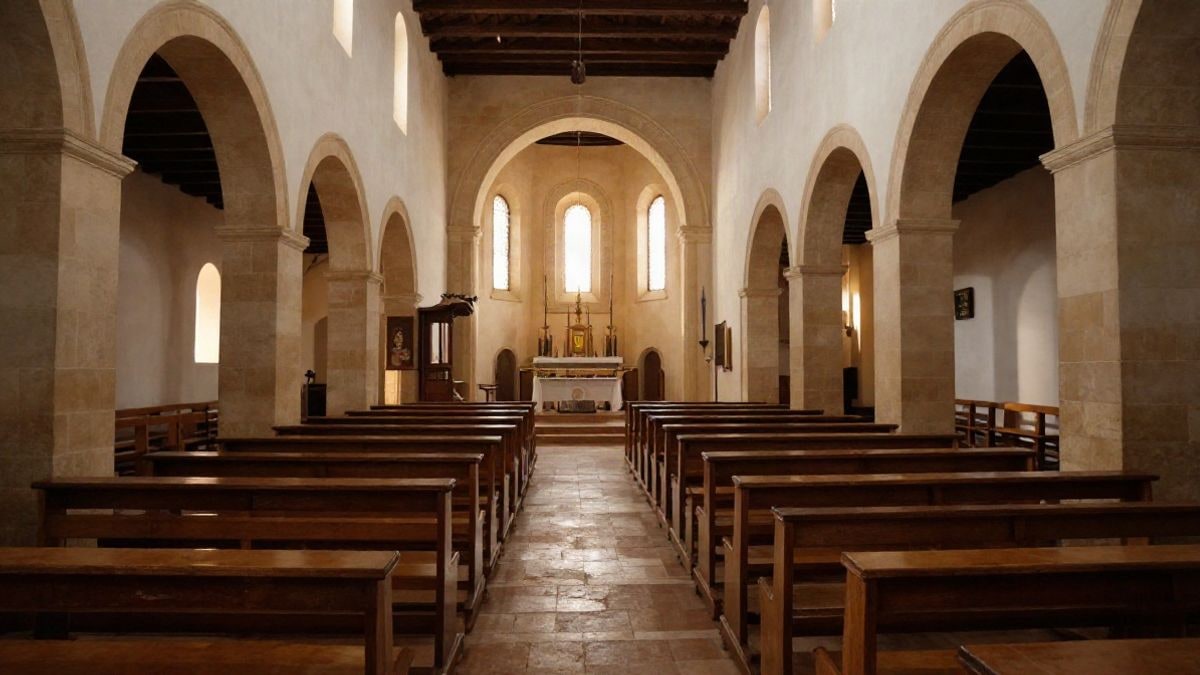 Illustrative image: interior of a Spanish church with wooden benches and light coming through the windows