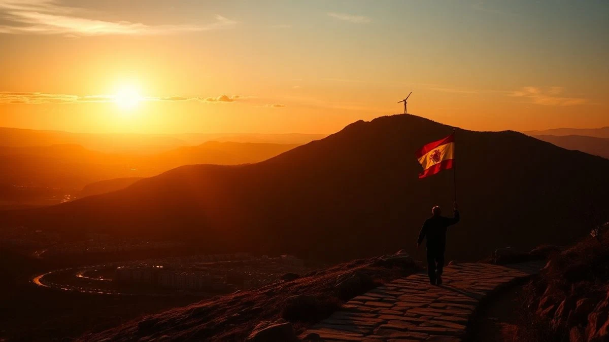 Imagen ilustrativa: silueta del castillo de Gibralfaro al atardecer con una figura portando una bandera en la distancia