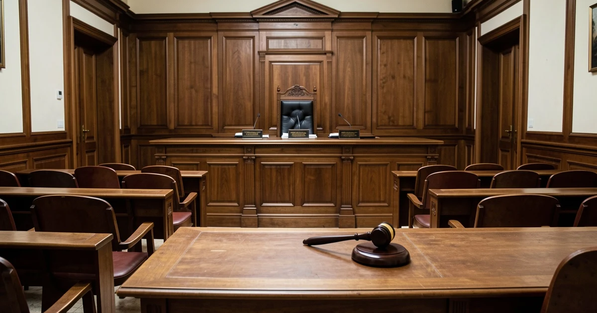 Sala de tribunal vacía con estrado y mazo de juez, fotografía de estilo documental