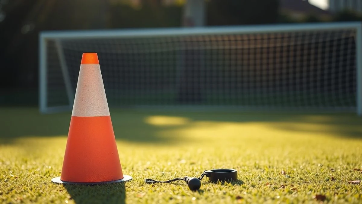 Imagen ilustrativa: un cono de entrenamiento y un silbato sobre el césped de un campo de fútbol al amanecer