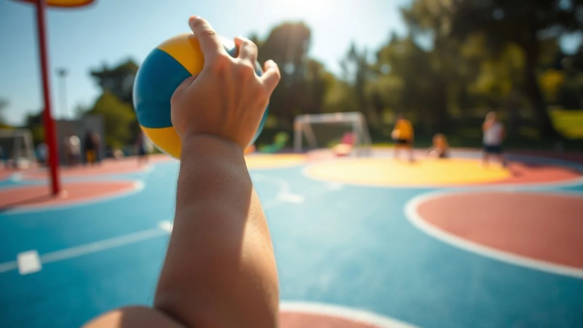 Imagen ilustrativa: primer plano de una mano infantil sujetando un balón de colores en un parque infantil al aire libre.