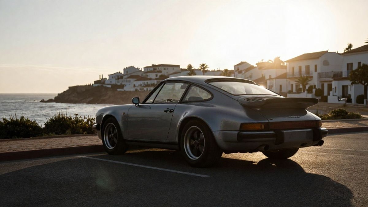 Imagen ilustrativa: un coche deportivo clásico aparcado en una entrada costera al atardecer, con siluetas y sombras largas