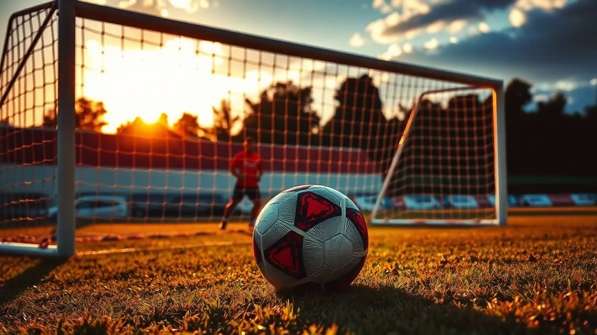 Football goal with a ball on the grass at sunset, selective focus