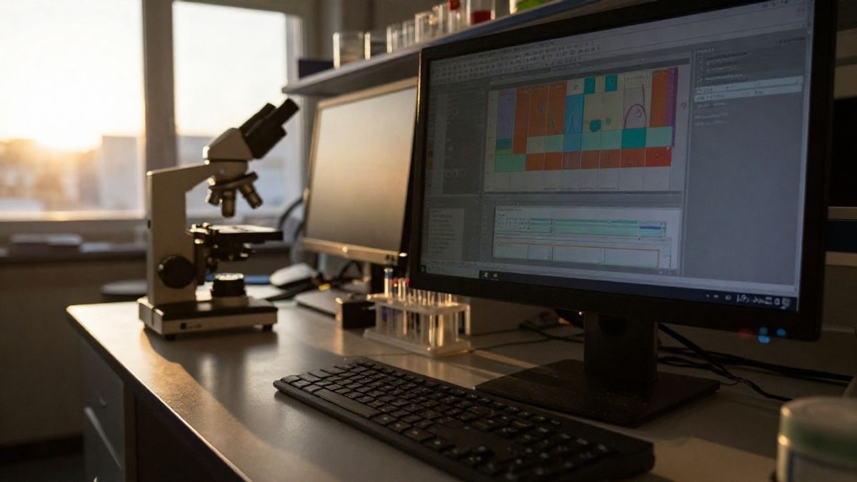 Imagen ilustrativa: puesto de trabajo de bioinformática con gráficos genéticos en una pantalla al atardecer