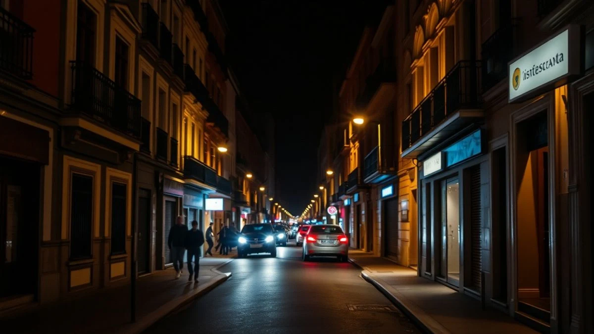Termómetro en una pared de una calle de Málaga por la noche, con luz de farolas y neón.