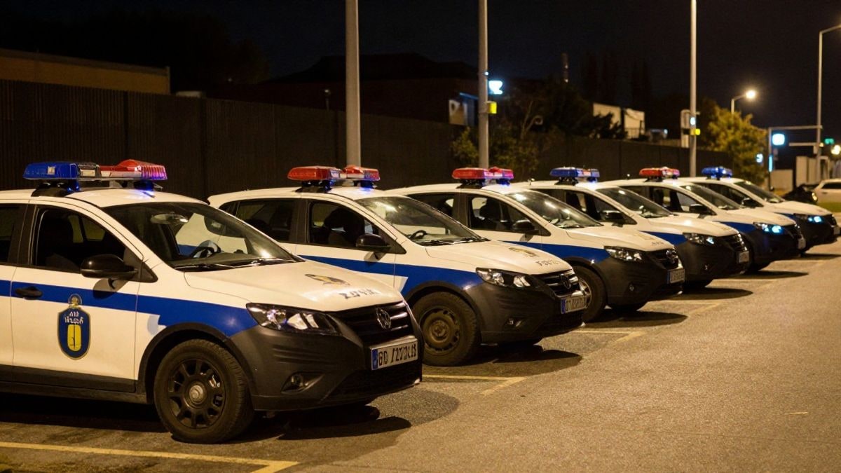 Illustrative image: empty patrol cars in a parking lot at night under streetlights