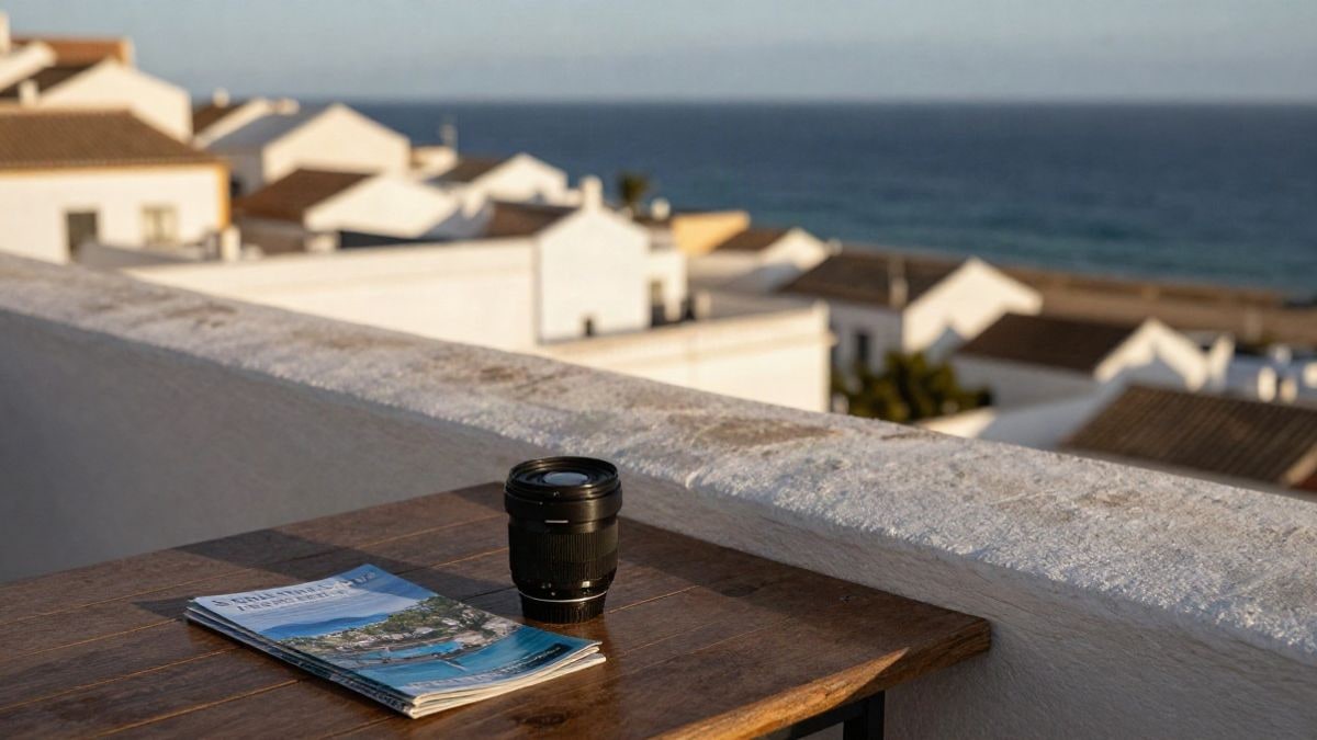 Imagen ilustrativa: un folleto turístico y una cámara sobre una mesa de madera, con el mar desenfocado al fondo al atardecer