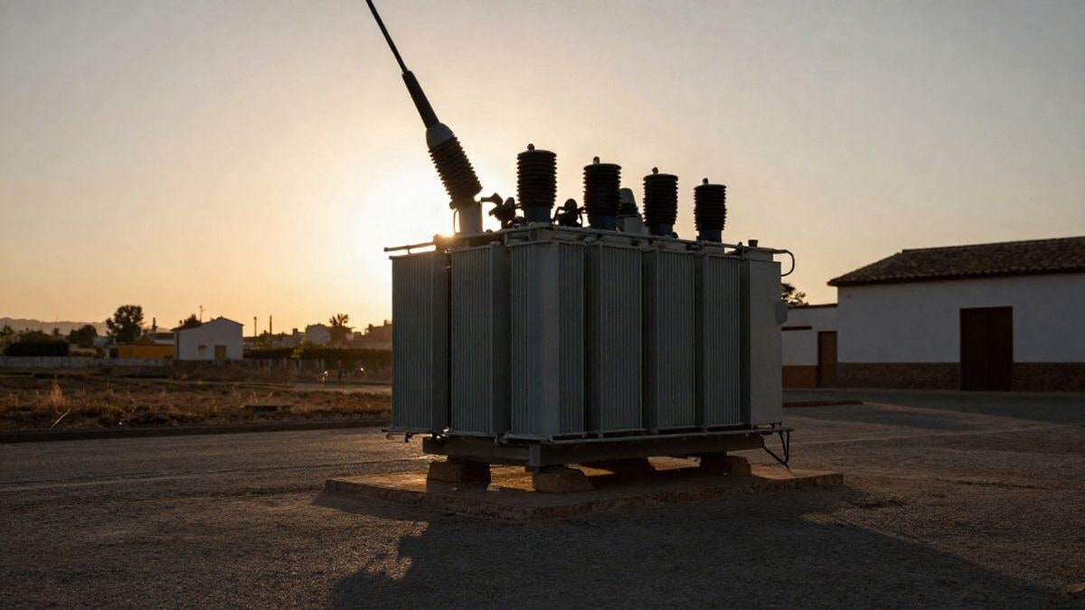 Imagen ilustrativa: silueta de un edificio prefabricado de transformación eléctrica al atardecer, con sombras largas