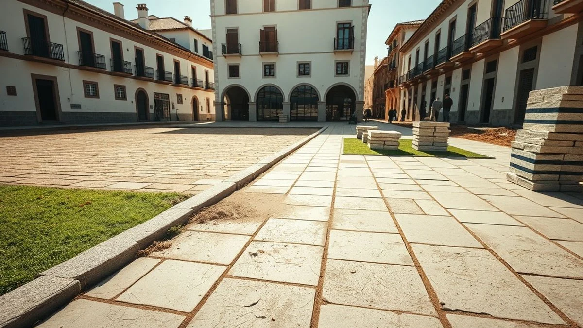 Imagen ilustrativa: una plaza española en obras con nuevo pavimento de piedra y una fuente central, al atardecer.