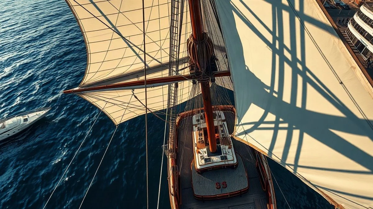 Illustrative image: aerial view of a training sailboat docked in a Mediterranean port, with sails furled and sunset light.