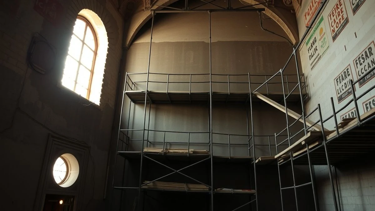 Illustrative image: interior of a historic building under renovation, with scaffolding and natural light coming through a side window