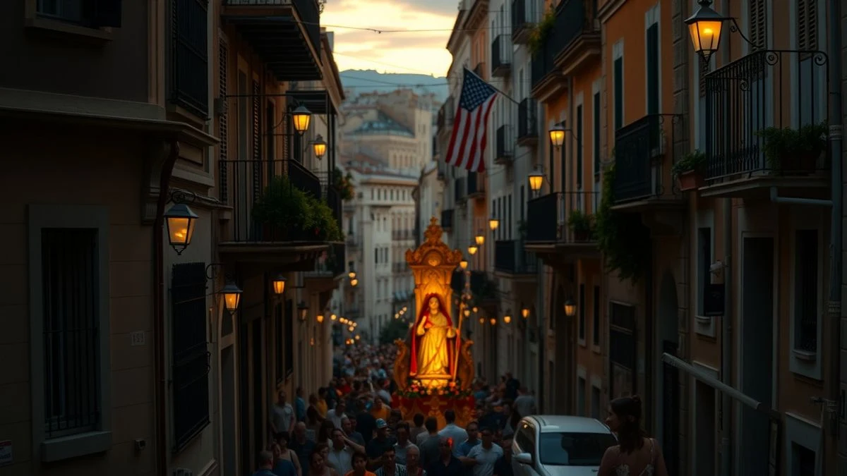 Imagen ilustrativa: una procesión religiosa recorre una calle estrecha de un barrio español al atardecer, con farolillos y flores en los balcones.