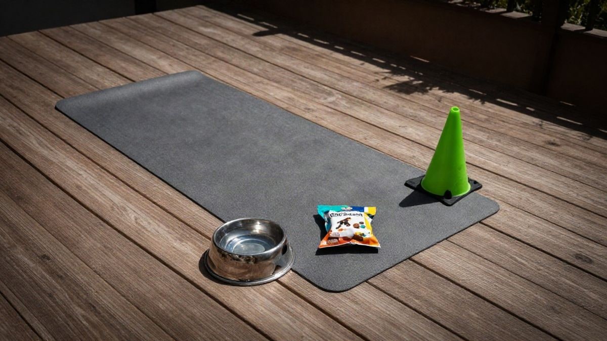 Illustrative image: overhead view of a yoga mat, a water bowl, and dog treats on a terrace