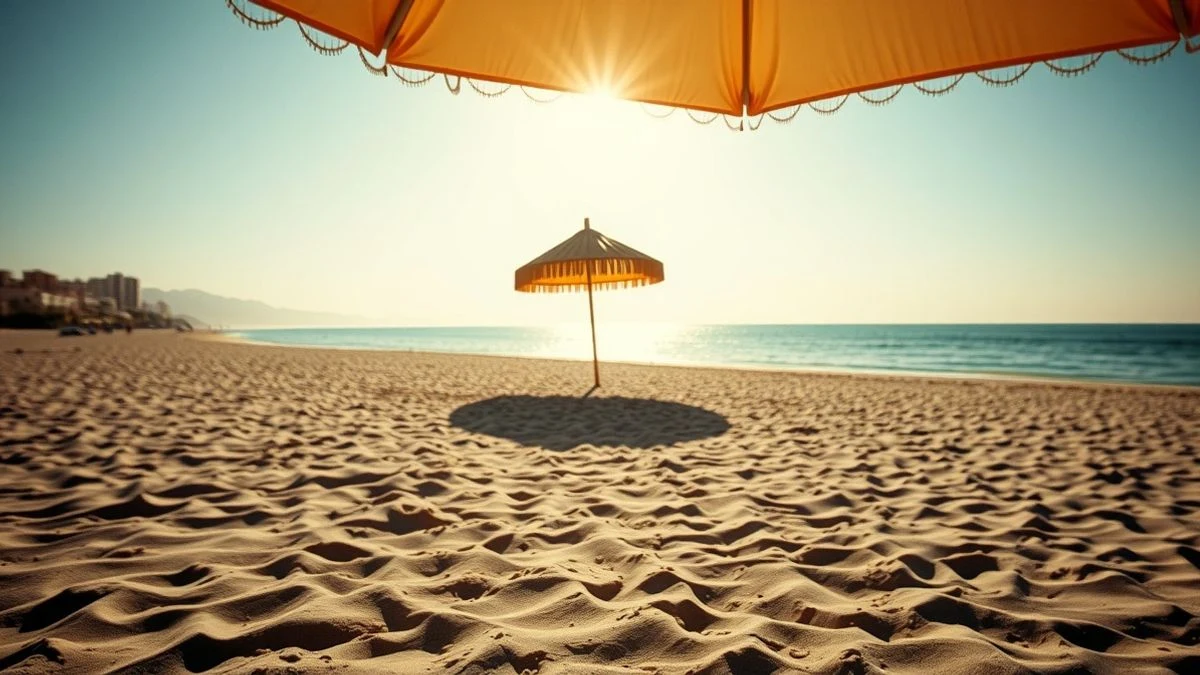 Illustrative image: empty beach at noon with intense sun and blue sea in the background.