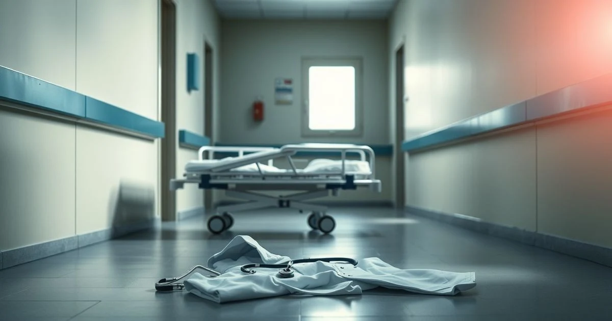 Pasillo de hospital con bata de médico caída en el suelo y luz natural